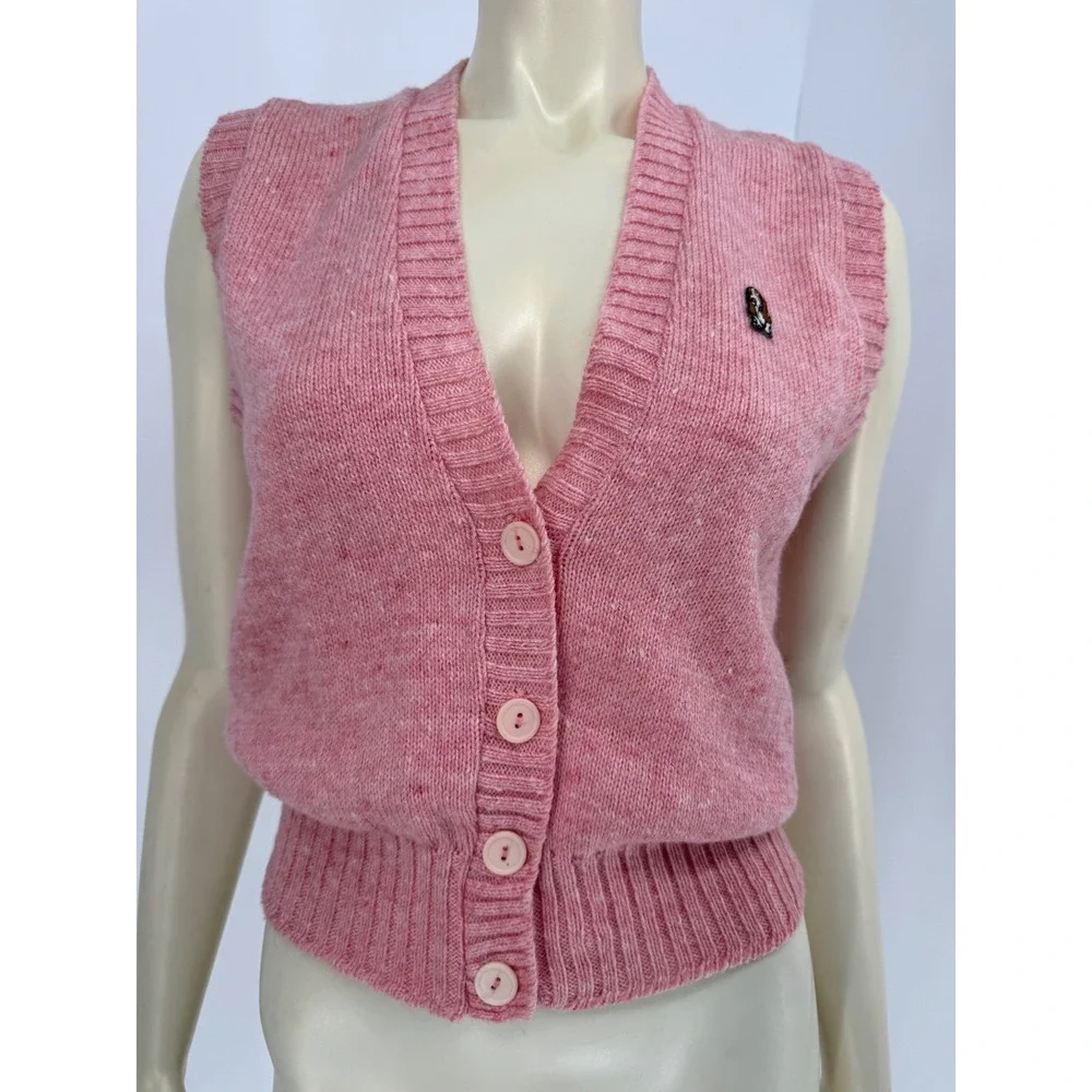 Hush Puppies Pink‎ Knit Button Up Sweater Vest Basset Hound Dog Patch Cardigan